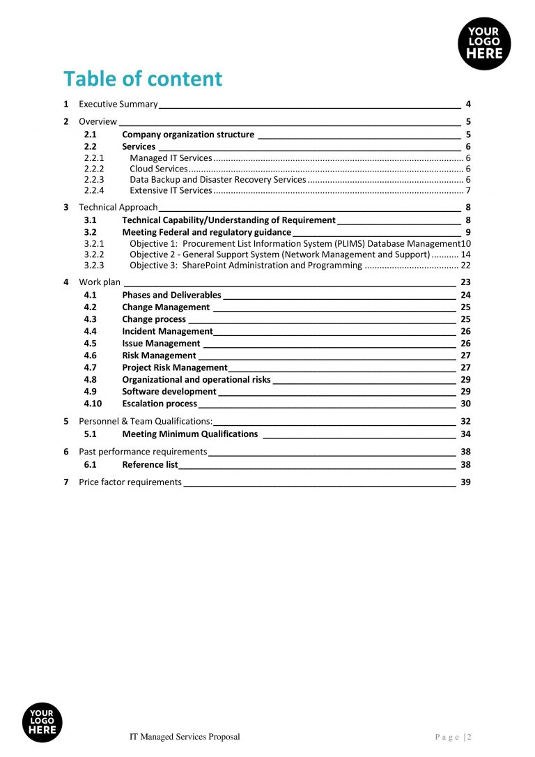 Managed Services Proposal Template with comprehensive work plan chapter